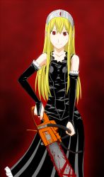 Rule 34 | 1girl, black dress, blonde hair, blood, bridal gauntlets, chainsaw, dress, elbow gloves, female focus, gloves, goriate, gradient background, highres, hime (kaibutsu oujo), kaibutsu oujo, long hair, red eyes, smile, solo, tiara
