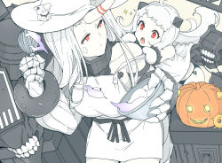 Rule 34 | 2girls, abyssal ship, age difference, apron, breasts, child, claws, dress, hat, horns, jack-o&#039;-lantern, kantai collection, large breasts, long hair, mittens, multiple girls, ninimo nimo, northern ocean princess, onee-loli, red eyes, seaport princess, single horn, sleeveless, sleeveless dress, suggestive fluid, very long hair, white apron, white dress, white hair, white headwear