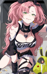 1girl :p amillion_(zenless_zone_zero) bangboo_(zenless_zone_zero) black_shorts blush breasts cleavage cowboy_shot green_eyes hair_between_eyes hair_ornament hairclip highres indoors large_breasts long_hair looking_at_viewer mole mole_on_breast mole_under_eye navel pink_hair shadow shorts sidelocks smile solo tongue tongue_out zingai_sanx