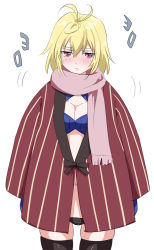 Rule 34 | 10s, 1girl, angelise ikaruga misurugi, antenna hair, black thighhighs, blonde hair, blush, breasts, cleavage, coat, cross ange, fever, gloves, jako (toyprn), long sleeves, midriff, navel, red eyes, scarf, short hair, simple background, solo, thighhighs, white background