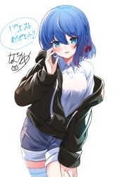 Rule 34 | 1girl, :d, absurdres, black jacket, blue eyes, blue hair, blue shorts, blush, bow, braid, breasts, collared shirt, commentary request, drawstring, hair between eyes, hair bow, hand up, highres, hood, hood down, hooded jacket, jacket, long sleeves, looking at viewer, medium breasts, off shoulder, open clothes, open jacket, open mouth, original, puffy long sleeves, puffy sleeves, red bow, shibakame, shirt, short shorts, shorts, simple background, single thighhigh, sleeves past wrists, smile, solo, striped clothes, striped thighhighs, thighhighs, translated, white background, white shirt
