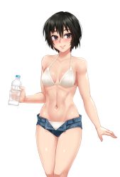 Rule 34 | 1girl, amagami, bare shoulders, bikini, black eyes, black hair, blush, bottle, breasts, breasts apart, collarbone, gluteal fold, hair between eyes, holding, holding bottle, looking at viewer, medium breasts, micro shorts, nanasaki ai, navel, short hair, short shorts, shorts, simple background, smile, solo, stomach, swimsuit, thigh gap, toned, twrlare, unbuttoned, water bottle, white background, white bikini