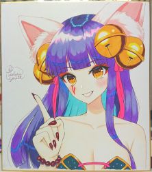 Rule 34 | 1girl, animal ear fluff, animal ears, artist name, bare shoulders, bead bracelet, beads, bell, blue hair, bracelet, breasts, cleavage, clenched teeth, collarbone, colored inner hair, daji (monster strike), eyeshadow, facial mark, hair bell, hair ornament, hair ribbon, hand up, highres, index finger raised, jewelry, kohanayuki, long hair, looking at viewer, makeup, medium breasts, monster strike, multicolored hair, nail polish, pink ribbon, purple hair, red nails, ribbon, sidelocks, signature, smile, solo, strapless, teeth, traditional media, two-tone hair, upper body, yellow eyes