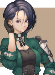 Rule 34 | 1girl, absurdres, armor, black gloves, black hair, breasts, brown background, choker, cleavage, cropped jacket, expressionless, fire emblem, fire emblem: three houses, gloves, green jacket, hand in own hair, highres, jacket, long sleeves, looking at viewer, medium breasts, nintendo, parted bangs, purple eyes, shamir nevrand, short hair, shoulder armor, simple background, solo, upper body