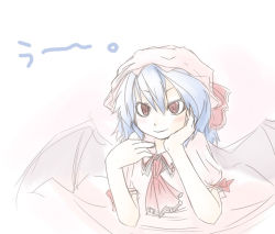 Rule 34 | 1girl, blue hair, female focus, gradient background, hat, red eyes, remilia scarlet, solo, tamute (2580rs), touhou, upper body, vampire, white background, wings