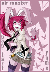 Rule 34 | 1girl, animal ears, breasts, bug, butterfly, hushabye, insect, long hair, looking at viewer, open mouth, rabbit ears, smile, solo, striped clothes, striped thighhighs, thighhighs