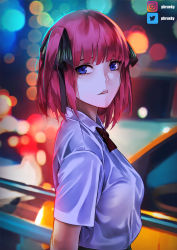 Rule 34 | 1girl, absurdres, artist name, black ribbon, blue eyes, blurry, blurry background, collared shirt, go-toubun no hanayome, hair ribbon, highres, lens flare, long hair, looking at viewer, nakano nino, night, outdoors, parted lips, phruekey, red hair, ribbon, school uniform, shirt, short sleeves, solo, twintails, upper body, white shirt, wing collar
