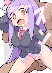 Rule 34 | 1boy, 1girl, animal ears, arm grab, bar censor, black jacket, blazer, blush, breasts, censored, clothed female nude male, clothed sex, clothing aside, collared shirt, commentary, cookie (touhou), cowboy shot, grey background, hetero, hisui (cookie), hospital king, jacket, large breasts, long hair, long sleeves, medium bangs, necktie, no pants, nude, open mouth, panties, panties aside, penis, pink panties, purple hair, pussy, rabbit ears, rabbit girl, red eyes, red necktie, reisen udongein inaba, sex, sex from behind, shirt, solo focus, standing, standing sex, swept bangs, touhou, two-tone background, underwear, vaginal, very long hair, white background, white shirt