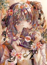 Rule 34 | 1girl, book, buckle, covering own mouth, daisy, flower, flower request, hair flower, hair ornament, heart, highres, holding, holding book, key, long hair, looking at viewer, multicolored eyes, multicolored hair, nail polish, o-ring, orange nails, original, painting (medium), plant, shirt, solo, strap, traditional media, twitter username, watercolor (medium), white shirt, yukoring