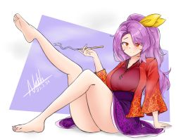 Rule 34 | 1girl, absurdres, barefoot, blowing smoke, border, breasts, closed mouth, dated, hair ribbon, highres, holding, japanese clothes, kimono, komakusa sannyo, large breasts, leg up, long hair, long sleeves, looking at viewer, natch imaycz, purple background, purple hair, purple skirt, red eyes, red kimono, ribbon, signature, simple background, sitting, skirt, smile, solo, touhou, white border, wide sleeves, yellow ribbon