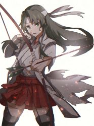 Rule 34 | 1girl, alternate hairstyle, arrow (projectile), blood, blood on face, boots, bow (weapon), gloves, green eyes, green hair, hakama, hakama short skirt, hakama skirt, headband, highres, holding, holding bow (weapon), holding weapon, japanese clothes, kantai collection, kasumi (skchkko), long hair, official alternate costume, open mouth, partially fingerless gloves, partly fingerless gloves, simple background, single glove, skirt, solo, thigh boots, thighhighs, torn clothes, weapon, white background, yugake, zuikaku (kancolle), zuikaku kai ni (kancolle)