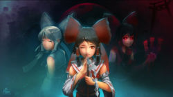 Rule 34 | 2017, 3girls, alternate color, angry, artist request, black eyes, black hair, black neckwear, bow, clenched teeth, closed eyes, closed mouth, commentary, corruption, cowboy shot, dark persona, dated, detached sleeves, evil grin, evil smile, eyelashes, gensokyo, glowing, glowing eyes, gohei, grin, hair between eyes, hair bow, hair tubes, hakurei reimu, hands up, highres, lips, looking at viewer, looking to the side, maga-reimu, multiple girls, multiple persona, nose, ofuda, one eye closed, raised eyebrow, red bow, red eyes, red shirt, red skirt, red theme, ribbon trim, sad, sash, sharp teeth, shide, shiny skin, shirt, skirt, sleeveless, sleeveless shirt, smile, teeth, torii, touhou, white bow, white hair, white shirt, yin yang
