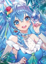 Rule 34 | 1girl, :d, alracoco, ascot, bare shoulders, blue dress, blue eyes, blue hair, blush, breasts, cherry, dress, earrings, fern, flower, food, food-themed earrings, fruit, glint, hair flower, hair ornament, hand up, hatsune miku, highres, jewelry, large breasts, long hair, looking at viewer, nail polish, open mouth, red flower, red nails, red rose, rose, smile, solo, twintails, upper body, vocaloid, water, watermelon
