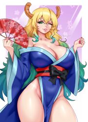 Rule 34 | 1girl, absurdres, bare shoulders, blonde hair, blue kimono, border, breasts, cherry blossoms, cleavage, collarbone, cowboy shot, darkmoney, dragon horns, gradient hair, green eyes, green hair, hair between eyes, hand fan, highres, horns, huge breasts, japanese clothes, kimono, kobayashi-san chi no maidragon, lips, long hair, long sleeves, looking at viewer, lucoa (maidragon), multicolored hair, no panties, off shoulder, one eye closed, pink nails, purple background, side slit, smile, solo, standing, tan, tanline, white border, wink