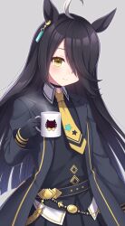 Rule 34 | 1girl, ahoge, animal ear piercing, animal ears, black gloves, black hair, black jacket, black skirt, closed mouth, coffee mug, commentary request, cowboy shot, cup, gloves, grey background, hair over one eye, highres, holding, holding cup, horse ears, jacket, lapels, light blush, long bangs, long hair, long sleeves, looking at viewer, manhattan cafe (umamusume), mug, multicolored hair, necktie, notched lapels, partial commentary, pleated skirt, sanotsuki, simple background, skirt, smile, solo, streaked hair, umamusume, waistcoat, white hair, yellow eyes, yellow necktie