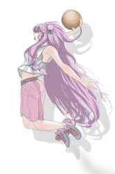 Rule 34 | 1girl, adapted costume, armpits, ball, basketball, basketball (object), basketball uniform, blush, bun cover, from side, full body, jumping, kugi (kugi-xiv), long hair, midriff, navel, out of character, pale skin, patchouli knowledge, profile, shirt, shoes, shorts, silhouette, slam dunk (basketball), sleeveless, sleeveless shirt, sneakers, solo, sportswear, striped clothes, striped shirt, touhou, very long hair, white background, ||/