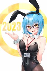 Rule 34 | 1girl, 2023, animal ears, blue hair, blush, chinese zodiac, collarbone, commentary request, covered navel, detached collar, fake animal ears, glasses, happy new year, hayabusa aoi, highres, id card, leotard, nail polish, new year, original, pantyhose, playboy bunny, rabbit ears, semi-rimless eyewear, short hair, solo, strapless, strapless leotard, under-rim eyewear, wavy mouth, wrist cuffs, year of the rabbit, yellow eyes