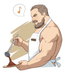 Rule 34 | 1boy, apron, bara, beard, brown hair, cooking, facial hair, from side, highres, large pectorals, male focus, mature male, muscular, muscular male, mustache, naked apron, old, old man, original, pectorals, ryker, short hair, sideburns, sidepec, solo, white apron
