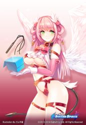 Rule 34 | 1girl, angel wings, blush, breasts, chain, cleavage, collar, demon tail, elbow gloves, gloves, green eyes, hair ornament, hasel (soccer spirits), heart, large breasts, long hair, looking at viewer, original, pink hair, smile, snowball22, soccer spirits, solo, tail, underboob, whip, white gloves, white wings, wings