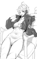 Rule 34 | 1girl, armchair, black gloves, black jacket, blush, bodysuit, chair, cleft of venus, commentary, earpiece, gloves, greyscale, hair over one eye, highres, jacket, leather, leather jacket, mipoog, monochrome, one piece, open clothes, open jacket, short hair, simple background, sitting, smile, solo, vegapunk lilith, white background