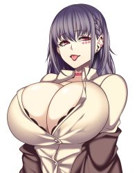 Rule 34 | 1girl, black bra, bra, breasts, brown jacket, cleavage, commentary, ear piercing, eyebrows, facial mark, highres, huge breasts, hz (666v), jacket, looking back, off-shoulder shirt, off shoulder, original, piercing, purple hair, shirt, symbol-only commentary, tongue, tongue out, underwear, upper body