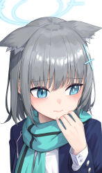 Rule 34 | 1girl, animal ear fluff, animal ears, aqua scarf, blue archive, blue eyes, blue halo, blush, bright pupils, closed mouth, commentary request, cross hair ornament, grey hair, hair ornament, halo, highres, long sleeves, mismatched pupils, scarf, shiroko (blue archive), short hair, simple background, solo, takeda yousuke, upper body, white background, white pupils