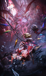 Rule 34 | 2girls, ascot, barefoot, battle, blonde hair, blue hair, column, commentary, crystal, cuffs, demon wings, destruction, dress, facing another, flandre scarlet, flying, frilled dress, frills, hand up, hat, hat loss, unworn hat, hat ribbon, unworn headwear, highres, indoors, laevatein (touhou), light rays, looking at another, mary janes, medium hair, mob cap, multiple girls, one side up, pillar, red ascot, red dress, red eyes, red footwear, red ribbon, remilia scarlet, ribbon, shackles, shoes, siblings, signature, sisters, socks, spear the gungnir, stained glass, stairs, stu dts, touhou, weapon, white dress, white headwear, white socks, wings, wrist cuffs