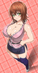 Rule 34 | 1girl, absurdres, bare shoulders, belt, blush, breasts, brown hair, brown theme, cleavage, female focus, foreshortening, from above, green eyes, high heels, highres, huge breasts, large breasts, legs, lips, looking at viewer, microskirt, mikado ryouko, miniskirt, naughty face, plump, purple thighhighs, short hair, side slit, skirt, sleeveless, smile, solo, source request, thighhighs, thighs, to love-ru, tom-supaiku