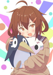 Rule 34 | 1girl, ahoge, black sailor collar, brown eyes, brown hair, brown sweater, commentary request, failure penguin, fang, hair ornament, hairclip, ikazuchi (kancolle), kantai collection, looking at viewer, miss cloud, open mouth, sailor collar, sanninme no haru, short hair, sleeves past wrists, smile, solo, stuffed toy, sweater, upper body
