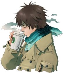 Rule 34 | 1boy, aqua scarf, brown coat, brown eyes, brown hair, buttons, coat, coffee, cup, drinking, from side, holding, holding cup, kazue kato, long sleeves, male focus, open clothes, open coat, original, pocket, profile, scarf, shaded face, simple background, solo, starbucks, steam, upper body, white background