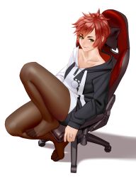 Rule 34 | 1girl, absurdres, blush, chair, collarbone, commentary, cosplay, gaming chair, green eyes, highres, hololive, hood, hoodie, jewelry, kairunoburogu, legs, looking at viewer, mole, mole under mouth, ookami mio, ookami mio (casual), ookami mio (cosplay), original, pantyhose, red hair, ring, sitting, solo, swivel chair, toes, virtual youtuber, white background