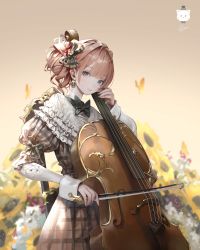 Rule 34 | 1girl, absurdres, artist name, blunt bangs, bow, bow (music), brown hair, bug, butterfly, cello, cross, earrings, flower, green bow, green eyes, green neckwear, grey eyes, hair bow, highres, holding, holding instrument, insect, instrument, jewelry, juliet sleeves, jung wonjo, lace collar, lens flare, long sleeves, looking at viewer, music, nail polish, original, pink nails, playing instrument, puffy long sleeves, puffy sleeves, red butterfly, short hair, short ponytail, simple background, solo, sunflower, upper body, wavy hair