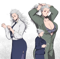 Rule 34 | 1girl, :o, arms behind head, arms up, blue jacket, blue necktie, blue skirt, bra, breasts, buttoning, cleavage, collarbone, collared shirt, cowboy shot, cross, dorohedoro, dressing, ear piercing, earrings, formal, grey hair, hair bun, hair tie, half-closed eyes, hands up, highres, inverted cross, jacket, jewelry, jumpsuit, ki (mxxxx), large breasts, long hair, long sleeves, looking at viewer, multiple views, necktie, noi (dorohedoro), partially unzipped, pencil skirt, piercing, profile, red eyes, shirt, side slit, single hair bun, skirt, skirt suit, star (symbol), suit, tying hair, underwear, updo, white background, white shirt, zipper