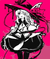 Rule 34 | 1girl, black hat, black pantyhose, blouse, blush, buttons, collared shirt, diamond button, eyeball, frilled shirt collar, frilled skirt, frills, hat, hat ribbon, high contrast, highres, komeiji koishi, long skirt, long sleeves, looking at viewer, magenta background, medium hair, one eye closed, open mouth, pantyhose, pink background, ribbon, rpameri, sharp teeth, shirt, simple background, skirt, smile, solo, teeth, third eye, touhou, upper teeth only, v, wide sleeves