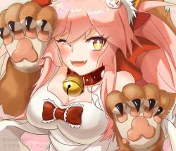 Rule 34 | 1girl, absurdres, animal ear fluff, animal ears, animal hands, apron, bad id, bad pixiv id, bare shoulders, bell, bow, breasts, cat hair ornament, cleavage, collar, dadachaism, fang, fate/extra, fate/grand order, fate (series), fox ears, fox girl, fox tail, frills, gloves, hair between eyes, hair bow, hair ornament, highres, jingle bell, large breasts, long hair, looking at viewer, naked apron, neck bell, one eye closed, open mouth, paw gloves, pink hair, ponytail, red bow, sidelocks, smile, solo, tail, tamamo (fate), tamamo cat (fate), white apron, yellow eyes