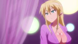 Rule 34 | animated, animated gif, antenna hair, blonde hair, breasts, cleavage, demon girl, green eyes, large breasts, lotte no omocha!, mercelida ygvar, pointy ears, screencap, demon girl