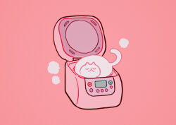 Rule 34 | absurdres, animal focus, cat, closed eyes, highres, meyoco, no humans, original, pink background, push-button, rice cooker, simple background, white cat