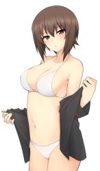 Rule 34 | 10s, 1girl, bad id, bad twitter id, bikini, black jacket, breasts, brown eyes, brown hair, cowboy shot, girls und panzer, highres, jacket, looking at viewer, medium breasts, mobu, navel, nishizumi maho, open clothes, open jacket, short hair, simple background, solo, standing, swimsuit, white background, white bikini