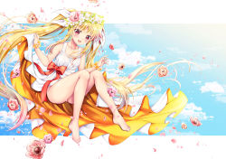 Rule 34 | 1girl, :d, bare arms, bare legs, bare shoulders, barefoot, blonde hair, blue sky, blush, bottomless, bow, cloud, collarbone, commentary request, dress, fate testarossa, floating hair, flower, flower bracelet, flower wreath, full body, geko, gradient hair, hair between eyes, hair flower, hair ornament, hair ribbon, hand up, long dress, long hair, looking at viewer, lyrical nanoha, mahou shoujo lyrical nanoha, multicolored hair, no panties, open mouth, orange dress, orange flower, petals, pink flower, pink hair, red bow, red eyes, red flower, ribbon, sidelocks, skirt hold, sky, sleeveless, sleeveless dress, smile, solo, twintails, very long hair, white dress, white flower, white ribbon, wind