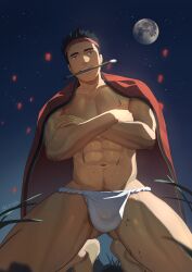 Rule 34 | 1boy, abs, absurdres, backlighting, bara, barefoot, black hair, bulge, calligraphy brush, cape, crossed arms, fundoshi, gluteal fold, grass, grin, happy new year, headband, highres, japanese clothes, looking at viewer, maize-sausage, male focus, male pubic hair, moon, mouth hold, muscular, muscular male, navel, navel hair, new year, night, on ground, original, outdoors, paintbrush, pectorals, pubic hair, pubic hair peek, red cape, red eyes, red headband, short hair, sky, smile, solo, spiked hair, spread legs, star (sky), starry sky, testicle peek, underwear, underwear only