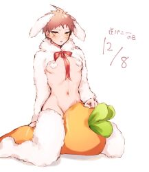 Rule 34 | 1boy, :o, ahoge, amido (compassion273), animal ears, blush, brown eyes, carrot, carrot-shaped pillow, clothing request, dated, groin, heart pasties, highres, hood, hood down, looking at viewer, male focus, male playboy bunny, meme attire, navel, pasties, pillow, rabbit ears, reverse bunnysuit, reverse outfit, short hair, sitting, solo, translation request