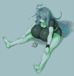 Rule 34 | 1girl, 1other, 2b-ge, black shirt, breasts, cleavage, exercising, female focus, flying sweatdrops, full body, green theme, grey background, handband, huge breasts, long hair, mei (2b-ge), messy hair, original, shirt, shorts, sitting, solo, stretching, thick thighs, thighs, turtle