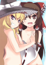 Rule 34 | 2girls, :d, back, bare shoulders, blonde hair, blush, bow, brown eyes, brown hair, collarbone, completely nude, detached sleeves, female focus, flat chest, grabbing, grabbing another&#039;s breast, grin, groin, hair between eyes, hair bow, hair tubes, hakurei reimu, hat, hat bow, hip focus, johnny funamushi, kirisame marisa, long hair, long image, long sleeves, looking at viewer, looking back, multiple girls, nude, open mouth, out-of-frame censoring, purple eyes, smile, standing, tall image, teeth, touhou, wide sleeves, witch hat
