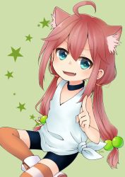 Rule 34 | 1girl, :d, ahoge, animal ear fluff, animal ears, arm support, artist name, asymmetrical legwear, bad id, bad pixiv id, bare arms, bare shoulders, bike shorts, black choker, black shorts, blue eyes, blush, boots, cat ears, choker, commentary request, fang, green background, hair between eyes, hair bobbles, hair ornament, hinata channel, index finger raised, long hair, looking at viewer, low twintails, mismatched legwear, nekomiya hinata, open mouth, orange thighhighs, pink hair, reo (re2kn), shirt, short shorts, shorts, signature, sitting, smile, solo, star (symbol), striped clothes, striped thighhighs, tank top, thighhighs, twintails, very long hair, virtual youtuber, white footwear, white shirt