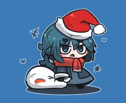 Rule 34 | +++, 1girl, blue background, blue dress, blue eyes, blue hair, commentary, dress, fins, fish tail, fuka-chan, full body, hair between eyes, hat, heart, highres, holding, holding sack, looking at viewer, meme, open mouth, original, padoru (meme), red hat, red scarf, romaji commentary, sack, santa hat, scarf, shadow, shark tail, short eyebrows, simple background, solo, tail, thick eyebrows, uni souchou