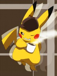 Rule 34 | clothed pokemon, coffee, commentary request, creatures (company), cup, detective pikachu, detective pikachu (character), detective pikachu (game), full body, fuusuke (nekomanma38laugh), game freak, gen 1 pokemon, grin, hat, holding, holding cup, looking at viewer, mug, nintendo, no humans, one eye closed, pikachu, pokemon, pokemon (creature), smile, solo, steam