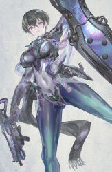 Rule 34 | 1girl, absurdres, black hair, bodysuit, breasts, covered navel, gun, highres, holding, holding gun, holding shield, holding weapon, large breasts, mecha musume, original, pale skin, purple eyes, scarf, shield, shiny clothes, short hair, skin tight, solo, tomboy, weapon, yoshimoto (dear life)