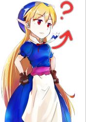 Rule 34 | 13-gou, 1girl, apron, blonde hair, blue headwear, closed mouth, dress, gloves, goggles, goggles on head, long hair, marivel armitage, pointy ears, red eyes, simple background, solo, very long hair, white background, wild arms, wild arms 2