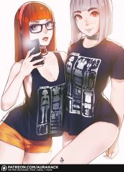 Rule 34 | 10s, 2girls, aurahack, breasts, cellphone, choker, cleavage, eyebrows, freckles, glasses, grey eyes, hairband, large breasts, lipstick, makeup, multiple girls, orange eyes, orange hair, persona, persona 5, phone, shirt, short shorts, shorts, signature, silver hair, smartphone, smile, t-shirt, tank top, watermark, web address
