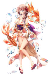 Rule 34 | 1girl, blue eyes, blush, breasts, bubble, fish, goldfish, hair ornament, highres, japanese clothes, kimono, large breasts, long hair, nadia (taimanin asagi), official art, shoes, smile, solo, solo focus, taimanin (series), taimanin rpgx, white background, zol